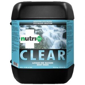 nutri+ CLEAR Pour tous types de systèmes. Idéale comme solution de rinçage final (derniers 5 jours). Idéal pour le lavage de la rhizosphère, des médiums de croissance ainsi que le nettoyage de l'équipement d'irrigation. Élimine et corrige les accum